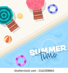 Summer Time Poster Design With Top View Of Swimming Pool, Sunbeds, Beach Balls, Lifebuoy On White And Blue Background.
