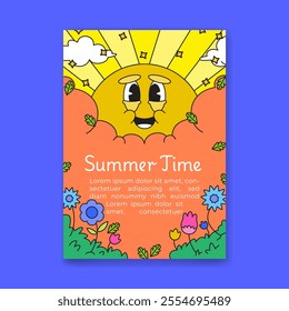 Summer Time Poster Featuring a Cheerful Sun Surrounded by Colorful Flowers and Clouds with Cartoon Vector Hand drawn Retro Vintage Illustration Style Perfect for Promotional Summer event