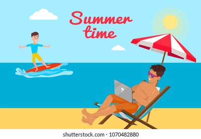 Summer time poster with freelancer working on laptop under umbrella on chaise longue on the beach, surfing boy on surfboard on seaview background vector