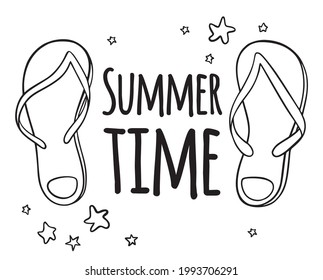 Summer time poster with hand drawn flip-flop and sea stars, background, postcard, banner, window. Print on cup, bag, shirt, package, balloon. Vector illustration