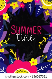 Summer time poster with leaves and flowers. Vector illustration. 
