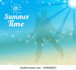 Summer time poster man silhouette on tropical beach background