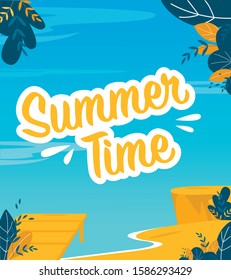 Summer Time Poster in Marine Trendy Flat Design. Italic Type Lettering over Sea Backdrop. Seacoast, Sand Beach. Summertime Recreation. Invitation Cartoon Banner. Creative Abstract Vector Illustration