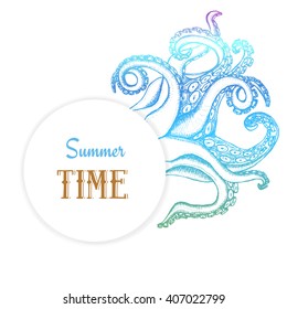 Summer time poster with octopuses tentacles in vintage style, vector