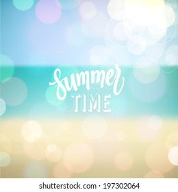 Summer time. Poster on tropical beach background. Vector eps10.