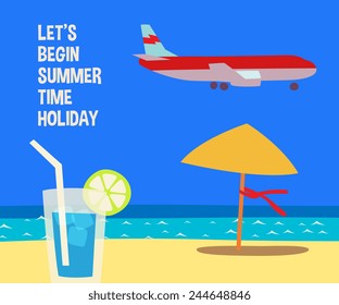 Summer time poster, parasol on a beach glass of water with lime and red color airplane flying above a crystal clear blue sea, cartoon flat style vector illustration art.
