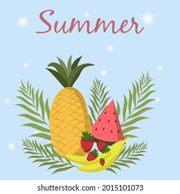 Summer time poster with pineapple, bananas, strawberries, watermelon and tropical leaves