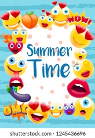 Summer time Poster or Postcard! Summer Design with Lots of Unique Emojis. Holidays Sign for Schools or Kindergartens in a Trendy Style.