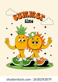 Summer time poster. Retro groovy summer characters sun and pineapple with cute face. Vintage vector illustration 70s, 80s style
