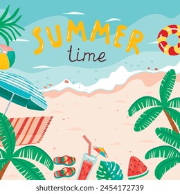 Summer time poster with sea beach.Colorful background with sandy shore, palm trees, watermelon, flip-flops, cocktail, beach ball, sun umbrella, blanket.Vector design for use in card, banner template.