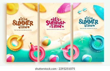 Summer time poster set vector design. It's summer time text in tropical outdoor beach sand background. Vector illustration banner lay out collection.