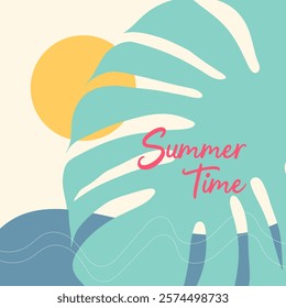 Summer time poster with sun, palm leaf and sea, card flyer in pastel colors, handwritten lettering. Vector illustration