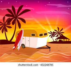 Summer time poster with  sunset,palm tree silhouette and camper trailer with surfboards on the beach .Vector Background.Abstract illustration of beautiful landscape