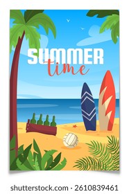 Summer Time Poster with Surfboards on Sea Beach.