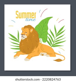Summer time poster template, lion lying in palm tree leaves - flat vector illustration. Beautiful African wild animal drawing. Summer holiday greeting card.