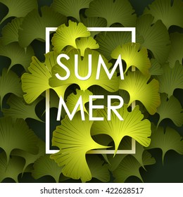 Summer Time poster. Text with frame on green leaves background. Trendy vector illustration.