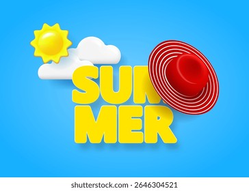Summer time poster. Text SUMMER, striped hat, sun and clouds on the sky. Vector illustration