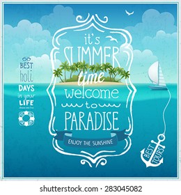 Summer time poster with tropical background.