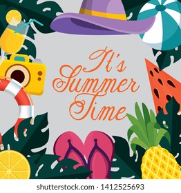 summer time poster with tropical fruits and leaves plants
