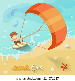 Summer time poster. Vector illustration with Sea, beach, ocean, kite, kitesurfer, starfish
