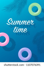 Summer time poster with water ripple, tropical leaves and text, card