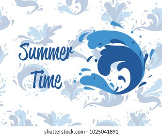 Summer time poster with water splash element. Beach holidays and marine leisure, natural nautical design vector illustration. Abstract wavy flow, tide water roller, foamy and stormy ocean wave sign.