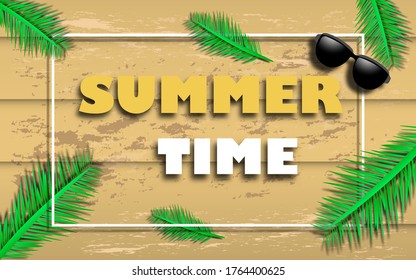 Summer Time poster with white frame,  summer background with  frame on wooden texture background. vector illustration.
