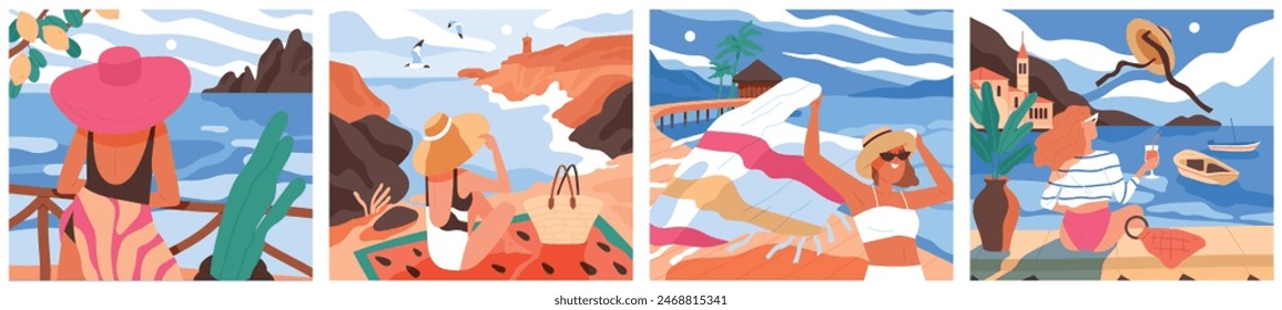 Summer Time Posters Set. Beautiful seascapes with people relaxing on beach next to ocean, mountains and palm trees. Vacation in summer season. Cartoon flat vector illustrations isolated on background