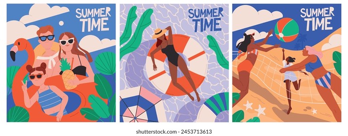 Conjunto de pósters de verano. Amigos jugando voleibol de playa, niña nadando en la piscina y familia relajándose en el mar. Vacaciones de verano o vacaciones. Ilustraciones vectoriales planas de dibujos animados aisladas sobre fondo blanco