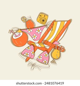 Summer time print, cool set of objects for the beach, pool vacation, isolated with shadows, for t-shirts, sticker, banner and poster