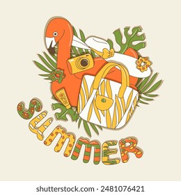 Summer time print, cool set of objects for the beach, pool vacation, isolated with shadows, for t-shirts, sticker, banner and poster