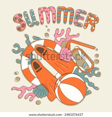 Summer time print, cool set of objects for the beach, pool, diving vacation, isolated with shadows, for t-shirts, sticker, banner and poster