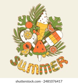 Summer time print with ice cream, cool set of objects for the vacation, isolated with shadows, for t-shirts, sticker, banner and poster