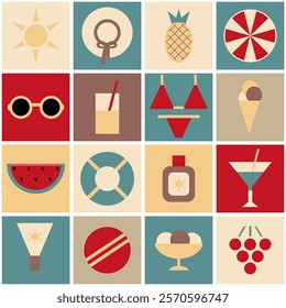 Summer time print pattern background holiday vacation objects vector illustration 