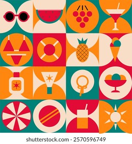 Summer time print pattern background holiday vacation objects vector illustration 