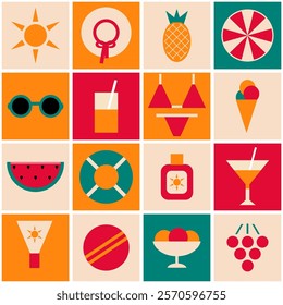 Summer time print pattern background holiday vacation objects vector illustration 