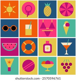 Summer time print pattern background holiday vacation objects vector illustration 