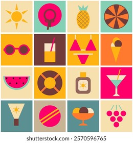 Summer time print pattern background holiday vacation objects vector illustration 