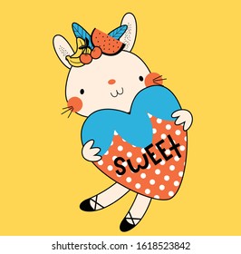 Summer time print. Sweet rabbit with heart. Fashion child vector.