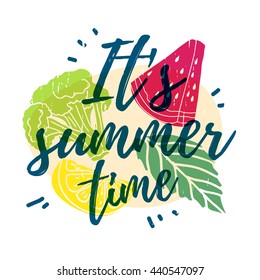 It's summer time. Print T-shirt with the text, and the decor of fruits, vegetables and berries. Vector.