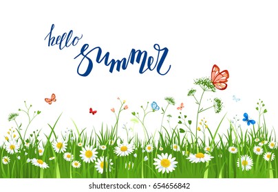 It's summer time quote. Summer or spring landscape for design banner, ticket, leaflet, card, poster and so on. Green grass and flowers scenery.