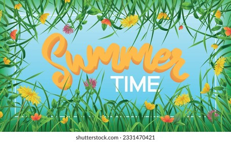 Summer time realistic frame consisting of field flowers dandelions clovers buttercups and green grass vector illustration