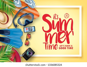 Summer Time Realistic Vector Banner in Yellow Background with Frame and Tropical Elements Like Scuba Diving Equipment, Surf Board, Slippers, Digital Camera, Mobile Phone, Hat and Sunglasses. Vector