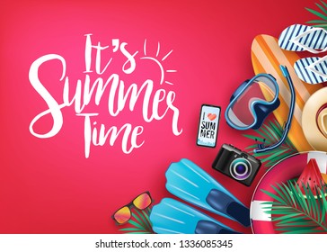 It's Summer Time Realistic Vector Banner in Red Background and Tropical Elements Like Scuba Diving Equipment, Surf Board, Slippers, Digital Camera, Mobile Phone, Hat, Palm Leaves and Sunglasses.