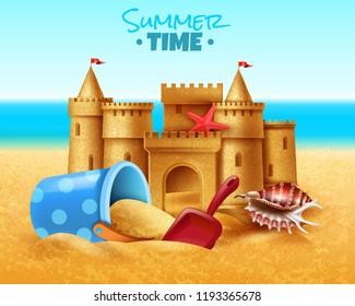 Summer time realistic vector illustration with sand castle and children  sandpit toys on south sea beach 