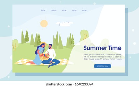Summer Time Recreation and Fun Organization Landing Page. Cartoon Happy Man and Woman Couple in Love on Picnic in Green Park, Garden or Forest. Vacation and Weekend Pastime. Vector Flat Illustration