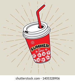 Summer time with red cup vector illustration, background. Hand lettering inspirational typography poster, banner.
