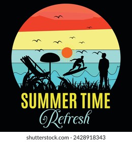 Summer time refresh, Summer beach vacation t-shirts, surfing t-shirt vector design. Enjoy summer time typography t-shirt design and vector template.