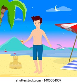 Summer Time Resort Leisure, Nightlife. Young Handsome Man in Swimsuit Drinking Cocktail on Summer Sandy Sea Beach Background with Dolphins, Sand Castle and Palms Cartoon Flat Vector Illustration.