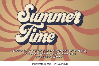  Hora de verano. Fuente retro 3d en estilo 80s. Tipografía vintage. Conjunto de fuentes de verano.